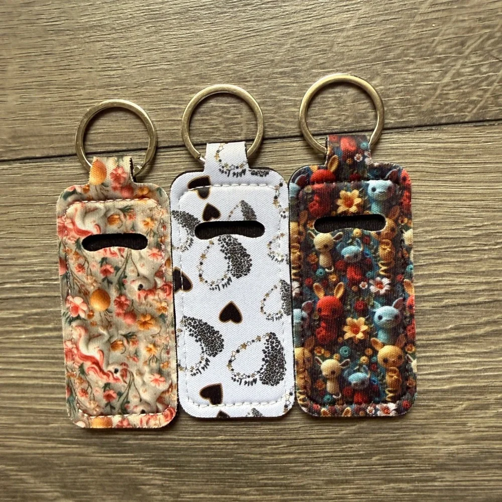 3pc Neoprene Chapstick Holder Keychain Set Unicorn Heart Woodland‎ Print New